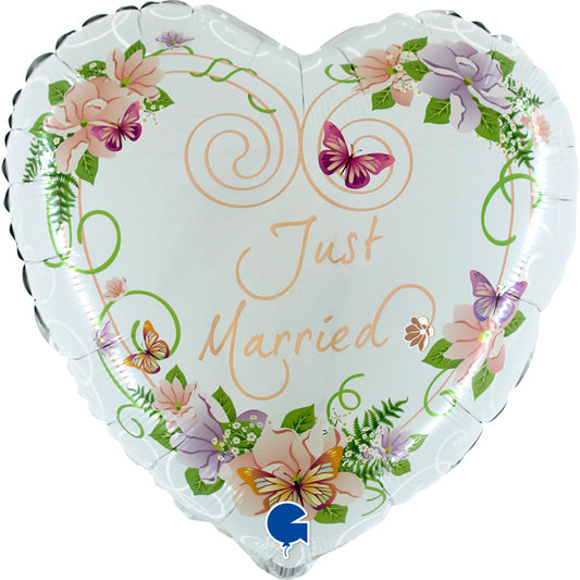 Just Married Blumen Herz Folienballon - 18"/46cm