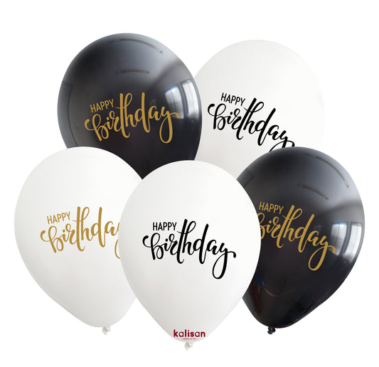 Happy Birthday Latexballons Schwarz / Weiß - 10 St. - 12"/30cm